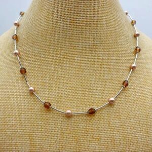 Lia Sophia Necklace BROWN SUGAR Champagne Faux Pearl Bronze Beaded Collar 14"